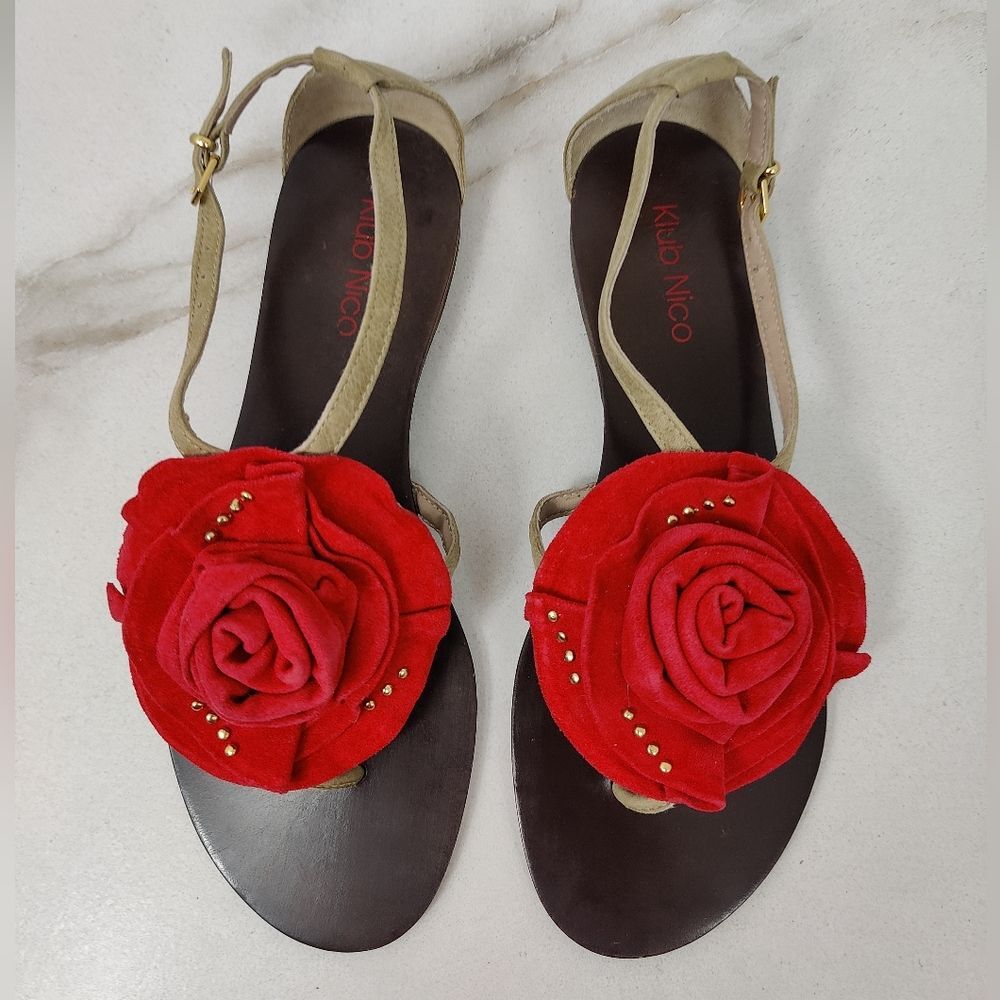 Rare Klub Nico Evie Red Tan Suede Rose Thong Flip Flop Flat Sandals, Sz 7